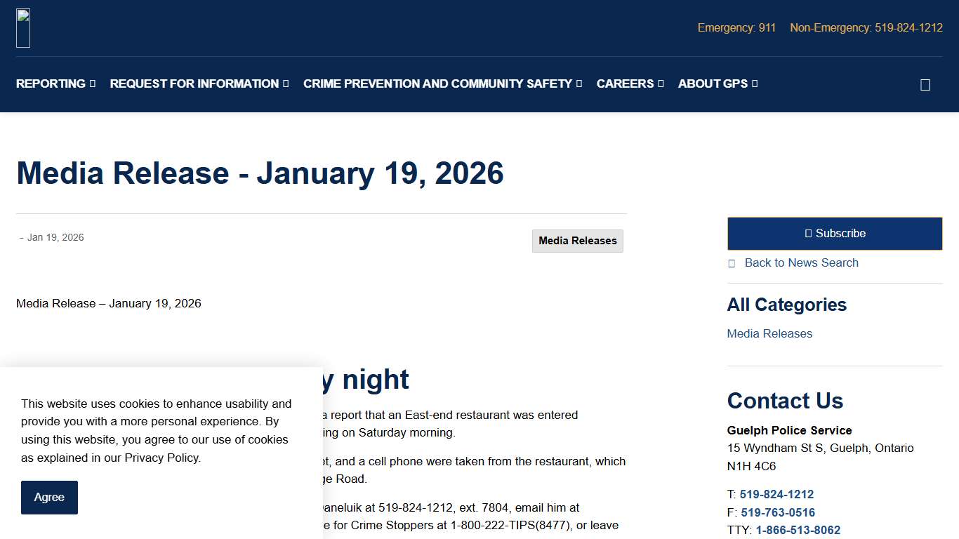 Media Release - January 19, 2026 | Guelph Police Service